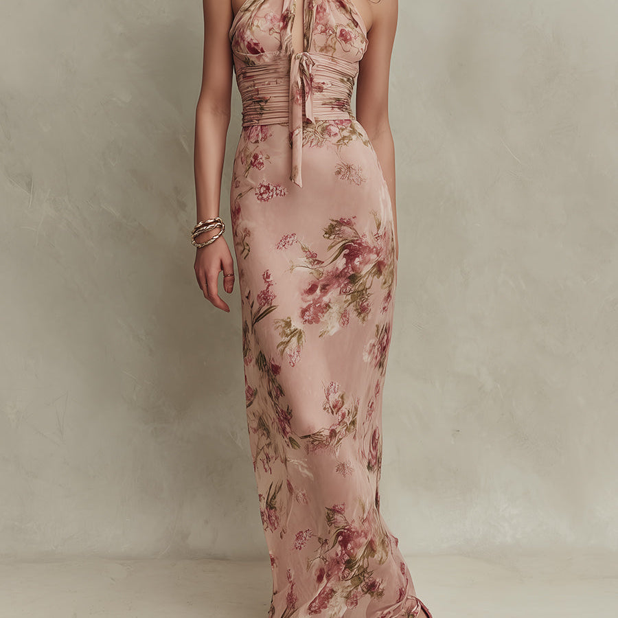 Laura - Elegant Floral Print Chiffon Maxi Dress with Keyhole Neckline