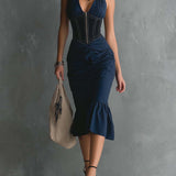 Violette - Elegant Halter Zipper Ruched Midi Dress