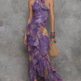 Naomi - Elegant Purple Floral Chiffon Halter Maxi Dress