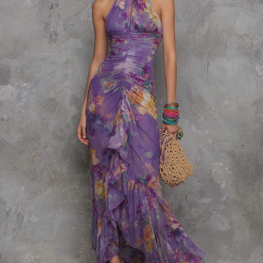 Naomi - Elegant Purple Floral Chiffon Halter Maxi Dress