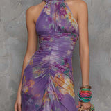 Naomi - Elegant Purple Floral Chiffon Halter Maxi Dress