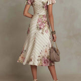 Megan - Elegant Retro Floral Satin Midi Dress