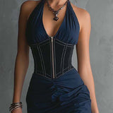 Violette - Elegant Halter Zipper Ruched Midi Dress