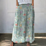 Blooming Spring Floral And Bumble Bee Pattern Printed Women's Linen Pocket Skirt