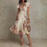 Megan - Elegant Retro Floral Satin Midi Dress