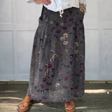 Women's Flower Art Print Linen Pocket Skirt