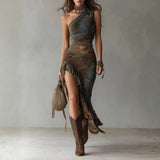 Rebecca - Asymmetrical long dress with ethnic print and side slit