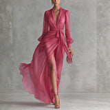 Jenna - Elegant Rose Pink Chiffon V-neck Tie-waist Long Dress