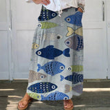 Women's Vintage Lovely Fish Art Print Linen Pocket Skirt