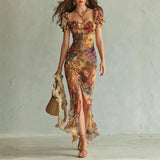 Marilou - Long orange chiffon dress with bohemian-style oil painting print