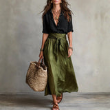 Maya - Two-Piece Set: Black T-Shirt and Olive Green Midi Skirt