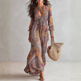 Maëva - Paisley Print V-neck Gathered Chiffon Maxi Dress