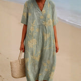 Lauren - Blue-Grey Dress with Floral Embroidery