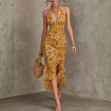 Mia - Ginger Yellow Floral Halter Neck Fitted Waist Chiffon Midi Dress
