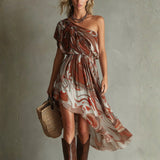 Monique - Boho One-shoulder Irregular Marble Abstract Print Chiffon Midi Dress