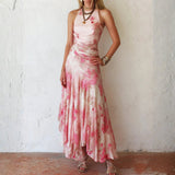Pauline - Pink Floral Chiffon Pleated Print Sleeveless Midi Dress