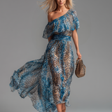 Stéphanie - Long chiffon dress with leopard print and bare shoulders