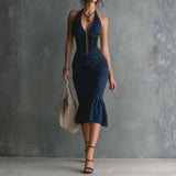 Violette - Elegant Halter Zipper Ruched Midi Dress