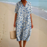 Mélanie - Ivory Dress Adorned with Porcelain Blue Floral Accents