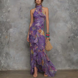 Naomi - Elegant Purple Floral Chiffon Halter Maxi Dress