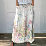 Women's Vintage Botanical Floral Linen Elastic waistband Pocket Skirt
