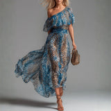 Stéphanie - Long chiffon dress with leopard print and bare shoulders