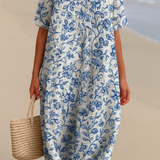 Mélanie - Ivory Dress Adorned with Porcelain Blue Floral Accents