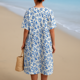 Mélanie - Ivory Dress Adorned with Porcelain Blue Floral Accents