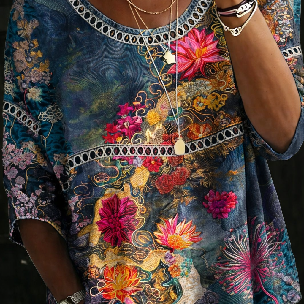 Joanna - Vintage Floral Denim Blouse