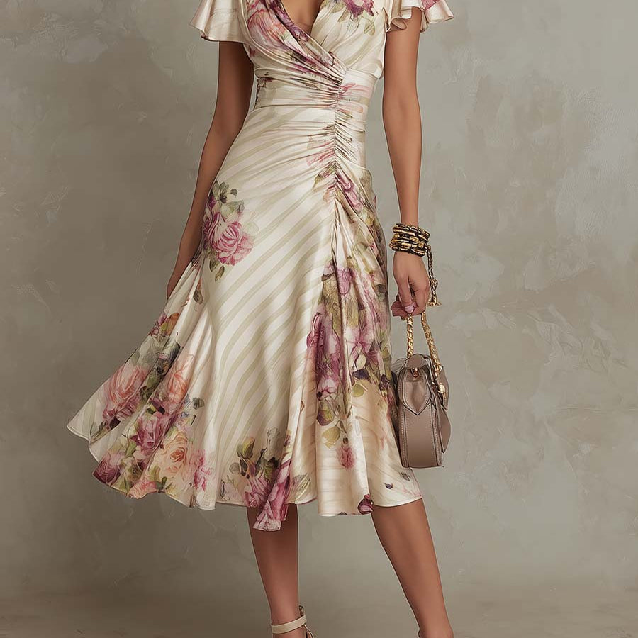 Megan - Elegant Retro Floral Satin Midi Dress