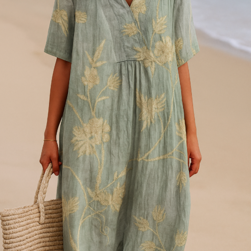 Lauren - Blue-Grey Dress with Floral Embroidery