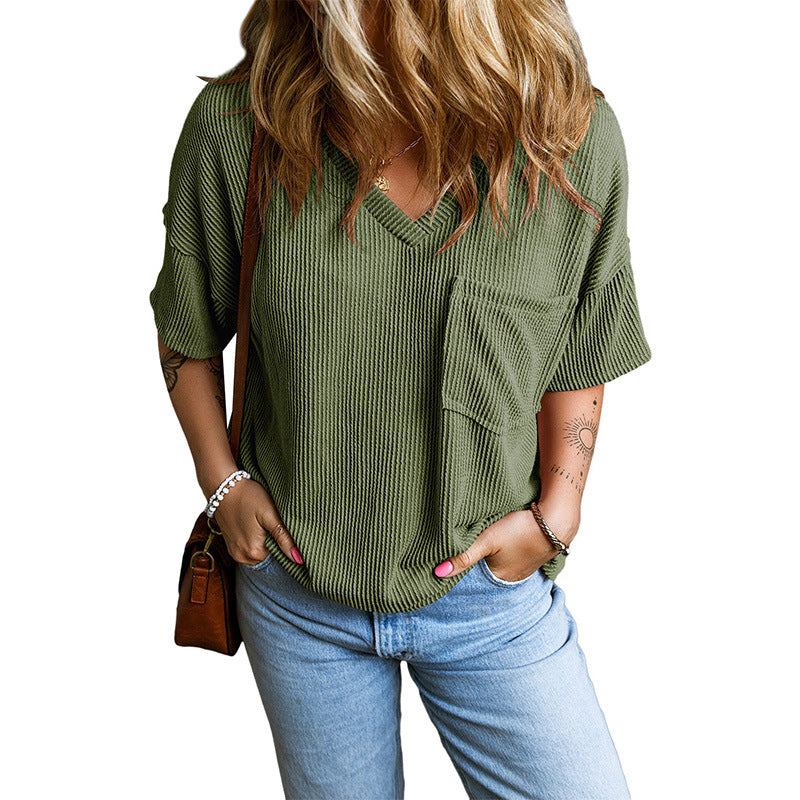 MARIANNE - Casual Textured Pocket V-Neck Tee