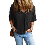 MARIANNE - Casual Textured Pocket V-Neck Tee