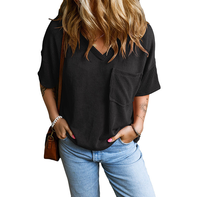 MARIANNE - Casual Textured Pocket V-Neck Tee