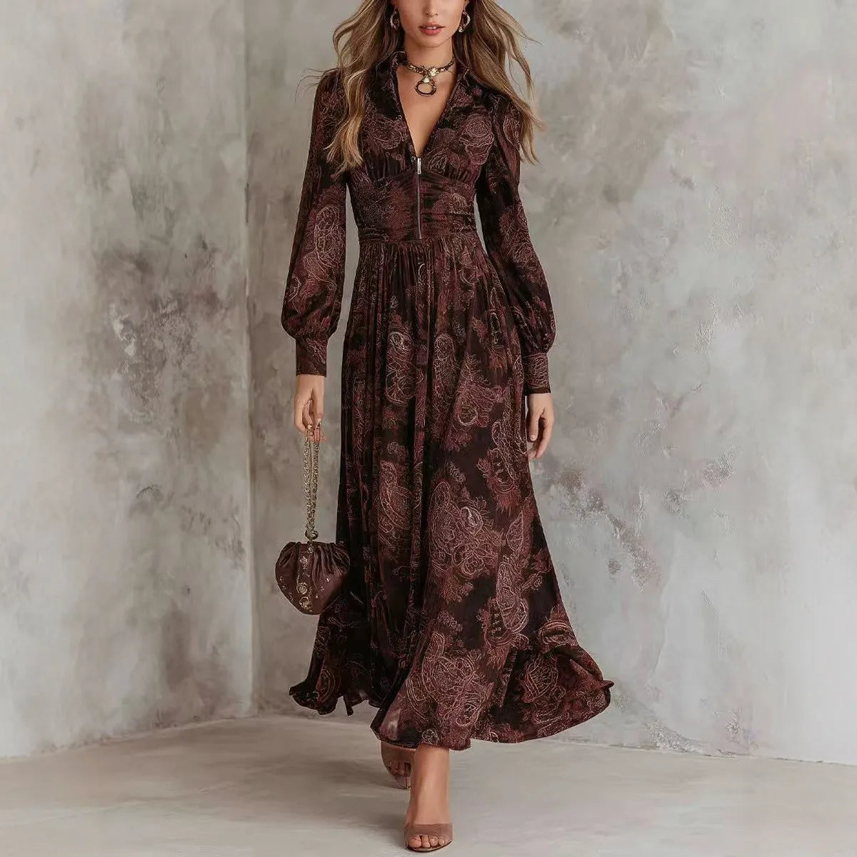 Marilou - Elegant Print Long Sleeve Maxi Dress