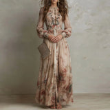Angela - Vintage Floral Print High Waist Pleated Long Dress