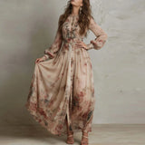 Angela - Vintage Floral Print High Waist Pleated Long Dress