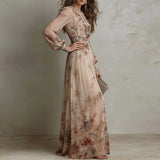 Angela - Vintage Floral Print High Waist Pleated Long Dress