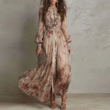 Angela - Vintage Floral Print High Waist Pleated Long Dress