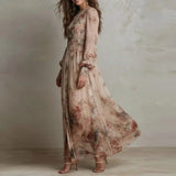 Angela - Vintage Floral Print High Waist Pleated Long Dress