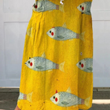Women's Vintage Fish Art Print Linen Pocket Skirt
