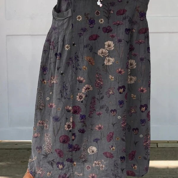 Women's Flower Art Print Linen Pocket Skirt