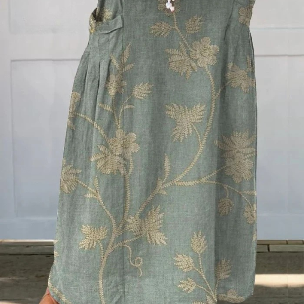 Women's Retro Elegant Floral Art Linen Elastic waistband Pocket Skirt