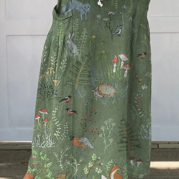 Woodland And Animals Pattern Printed Women's Linen Pocket Skirt