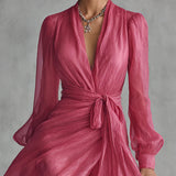 Jenna - Elegant Rose Pink Chiffon V-neck Tie-waist Long Dress