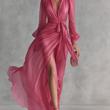 Jenna - Elegant Rose Pink Chiffon V-neck Tie-waist Long Dress