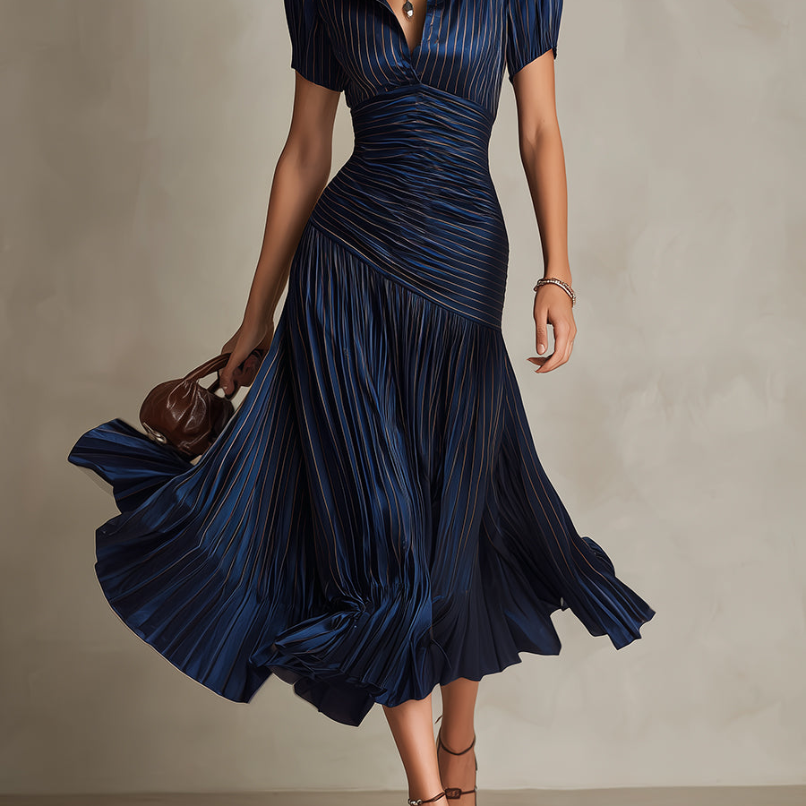 Julia - Striped Shirt Collar Midi Dress