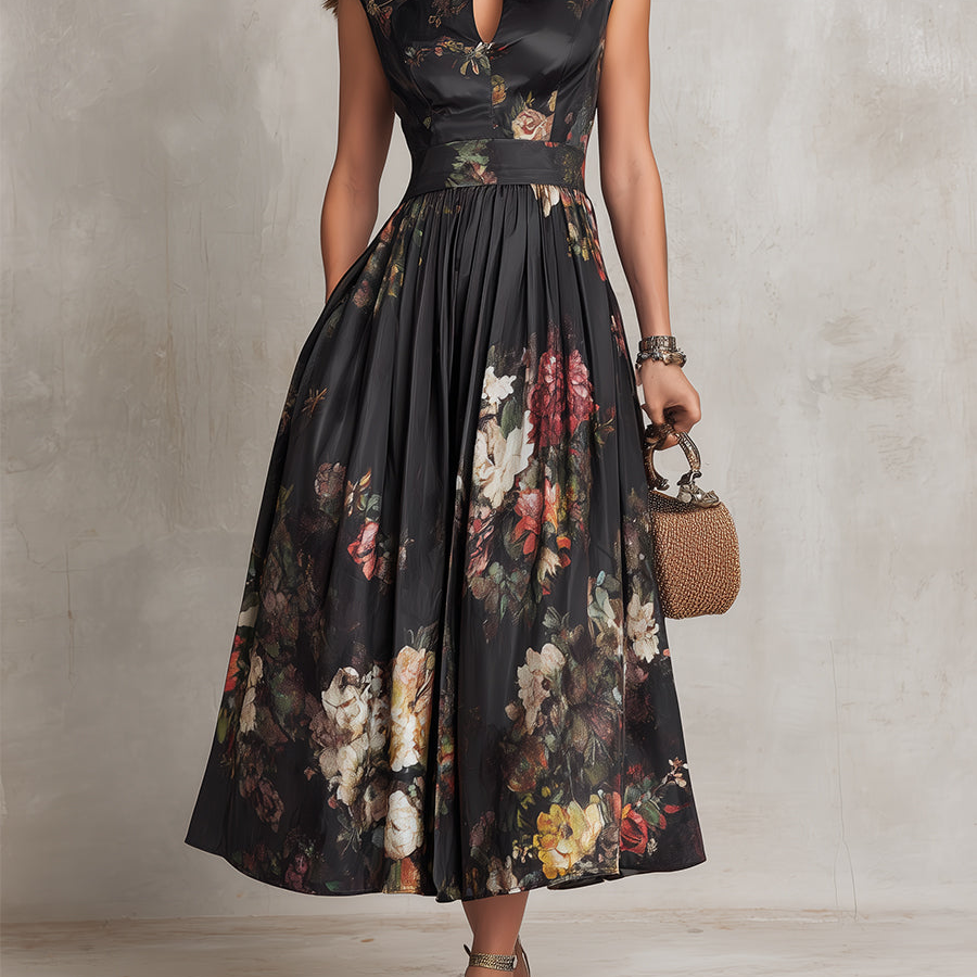 Hazel - Floral Keyhole Pleated Midi Dress