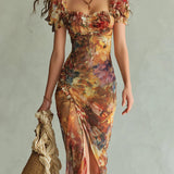 Marilou - Long orange chiffon dress with bohemian-style oil painting print