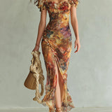 Marilou - Long orange chiffon dress with bohemian-style oil painting print
